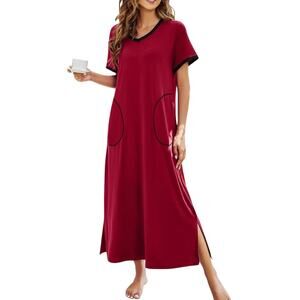 NEW Long Nightgown Dress Super Soft Burgandy Wine with Gray Hem Small